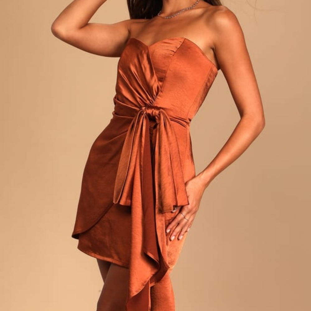 Lulu’s Out Past Midnight Rust Brown Satin Strapless Mini Dress